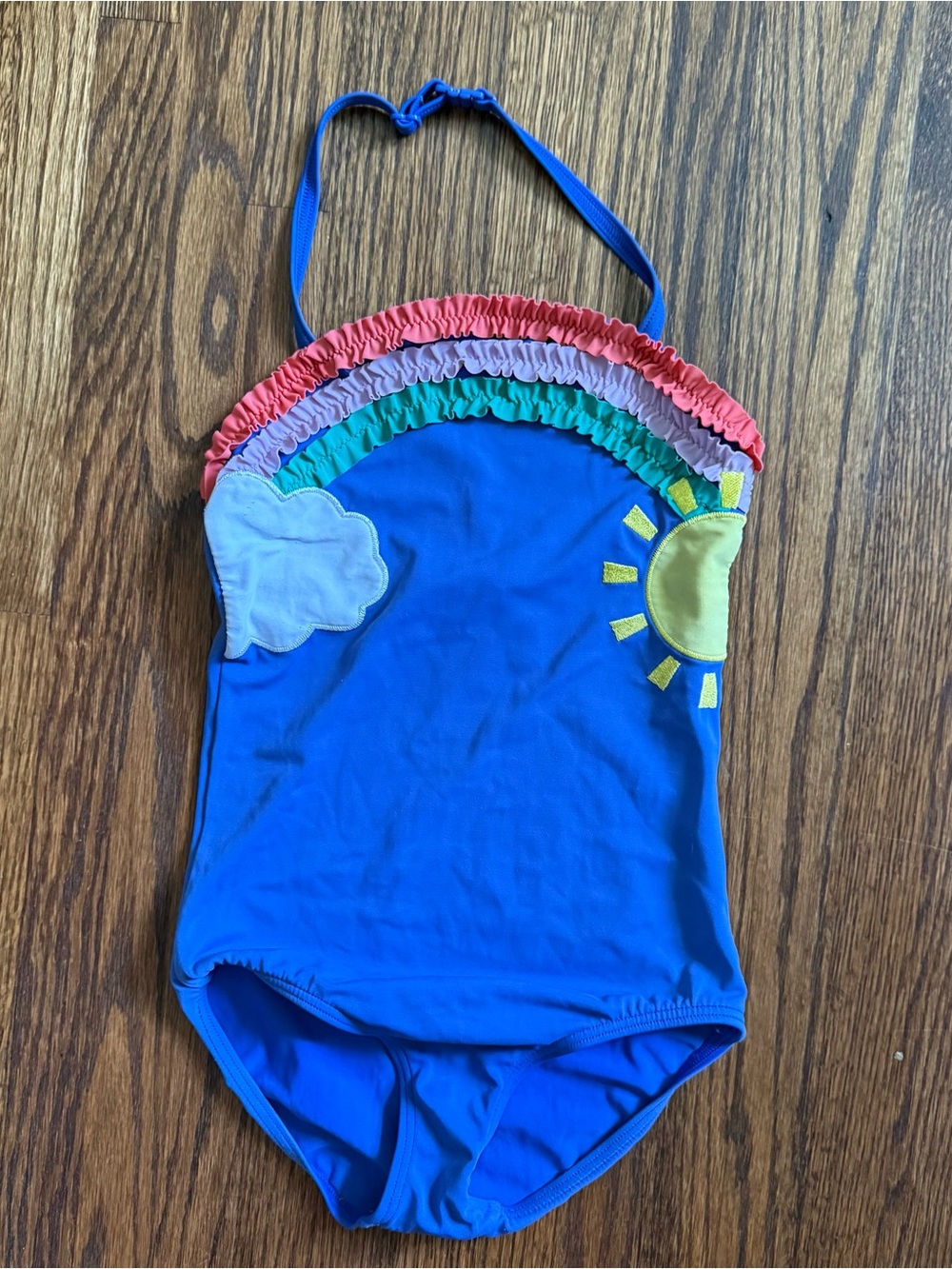 MiniBoden Kids Swimsuit 6-7y - retro Blue with rainbow, sun and cloud. Ruffles